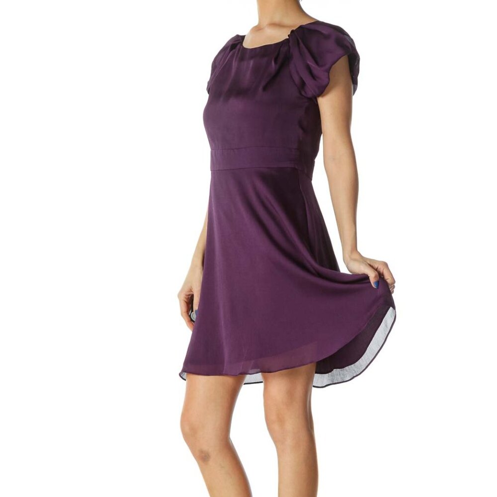 BCBGeneration Purple Open-Back Scrunched Cap Sleeves Flared Dress - Picture 2 of 3